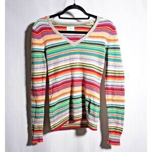 Y2K 90s Rainbow Stripe Wool Angora Blend Sweater Rory‎ Gilmore V Neck Sz S H&M *
